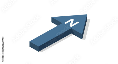 3d blue north arrow icon with shadow on white background