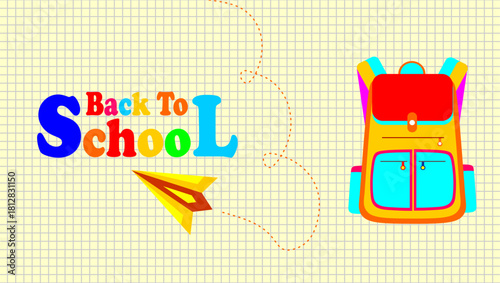 Back to school banner. Colorful back to school background. Vector illustration of back to school theme. Back to school concept with paper plane and dotted line with bag illustration.