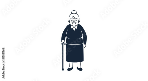 Elderly woman in minimalistic silhouette style standing with walking s