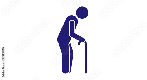 Simple blue silhouette of person with cane highlighting mobility and a