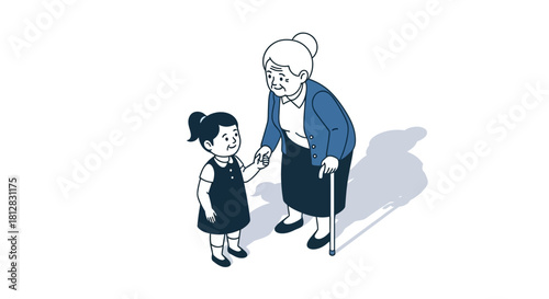 Isometric family bond: elderly woman and young girl holding hands