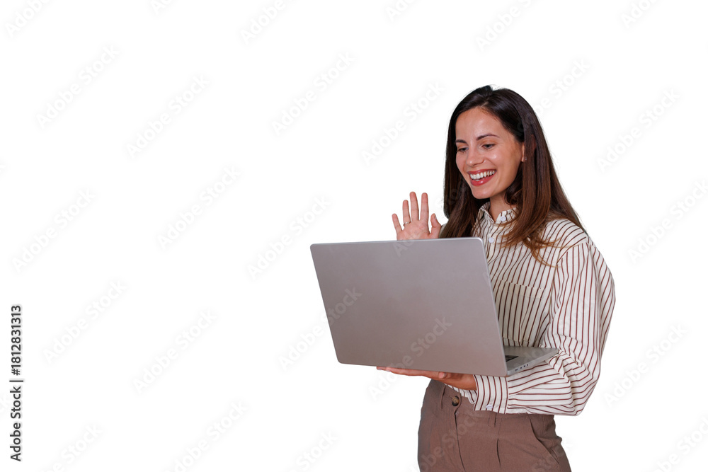 Naklejka premium Woman smiling and waving during a video call on a laptop, communicating remotely with transparent background