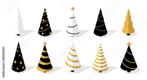 Modern geometric christmas trees with sleek black, gold, and white des