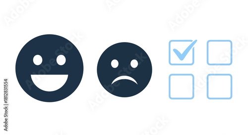 Simple emoji faces and checklist icon set for feedback evaluation
