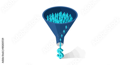 Isometric concept of sales funnel converting customers into revenue
