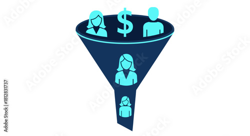 Marketing funnel concept with people icons and dollar symbol in 3d