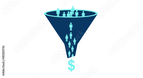 Marketing funnel process with people and dollar sign illustration