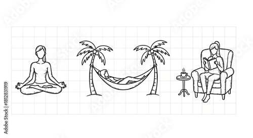 Relaxation vector: yoga meditation, hammock lounging, and cozy reading