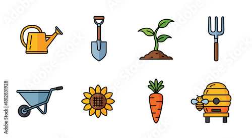 Colorful collection of gardening icons featuring tools, plants, and na