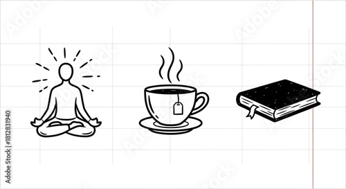Mindful morning routine: meditating, tea, and reading in simple sketch