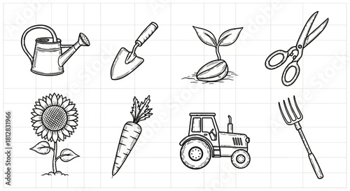 Hand-drawn gardening tools and plants set with vintage style illustrat