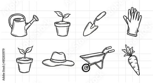 Gardening tools and plants hand-drawn set on grid background