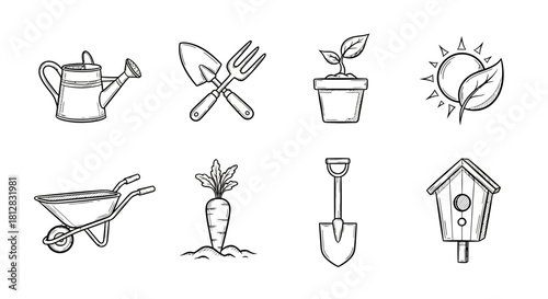 Hand drawn gardening icons: tools, plants, birdhouse, and more
