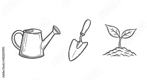 Hand drawn gardening tools and seedling for plant care