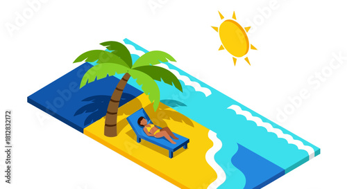 Isometric beach scene with sunbathing woman under palm tree and sunny