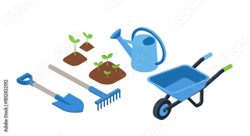 Gardening tools and seedlings isometric design for planting and landsc