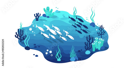 Underwater marine scene with fish and coral in flat design