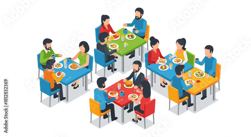 Isometric people dining in a cafe setting with diverse groups and colo