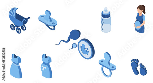Isometric pregnancy and newborn icons featuring baby items and expecta