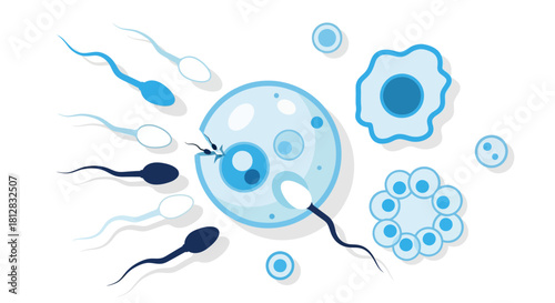 Sperm and egg cells in flat design with blue and white tones for biolo