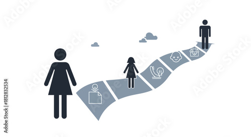 Life journey concept with growing silhouette figures and icons on path