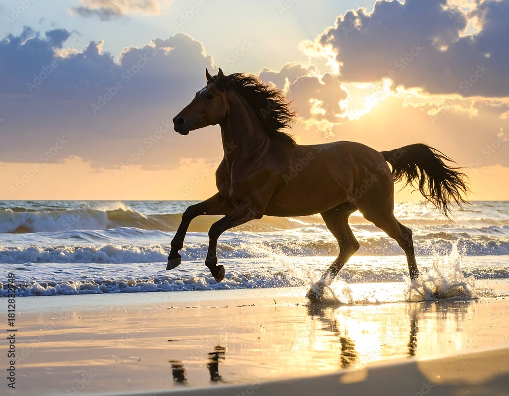 Fototapeta premium Horse galloping on a beach at sunset, kicking up water.