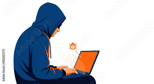 Hacker in hoodie using laptop with cyber security threat icon