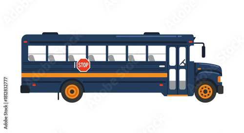 Modern school bus side view with stop sign and blue exterior design