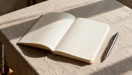 Writing inspiration open notebook on table in sunlit room