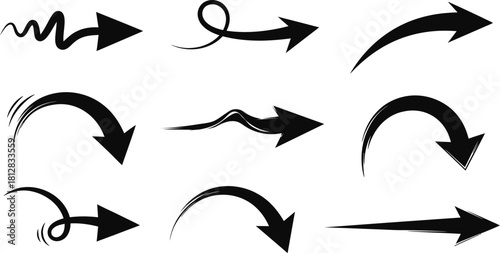 Hand drawn arrow collection black grunge style arrows on white background