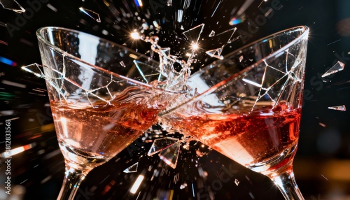 Clinking glasses and shattered cheers bar setting drink photography