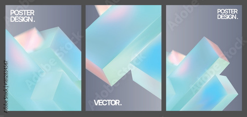 transparent panels with floating blue shapes, azure mineral structures hover above clear surfaces