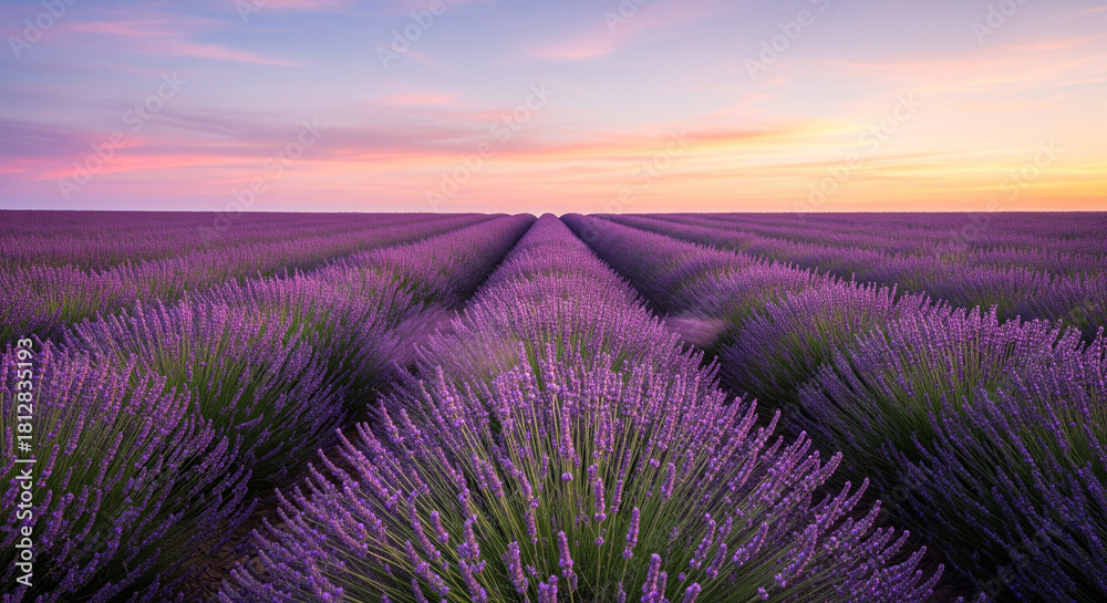 Obraz premium Endless Lavender Fields Under a Vibrant Pink Sunset Sky. A stunning, low-angle, wide shot capturing the endless, geometrically planted rows of vibrant purple lavender in full bloom