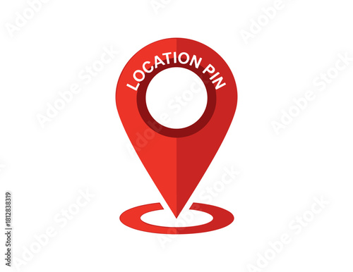 Red location pin symbol with text for navigation and mapping