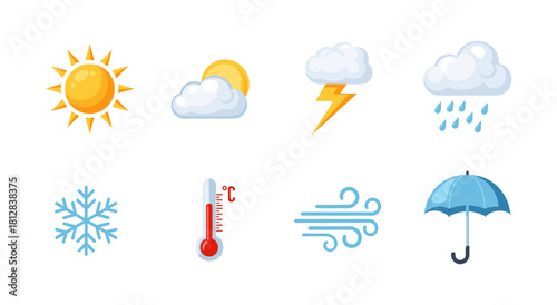 Weather icons set: sun, clouds, storm, rain, snowflake, thermometer, wind, umbrella