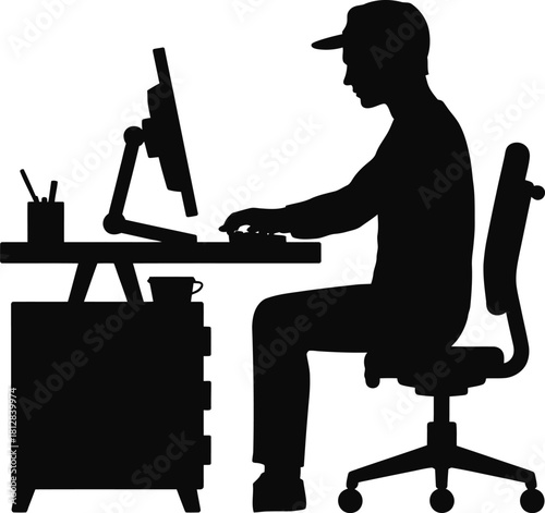 Silhouette of a man working at a computer desk vector illustration of a person typing isolated on white background