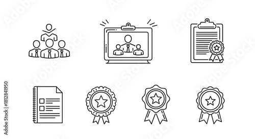 Set of line icons: online meeting certification teamwork awards