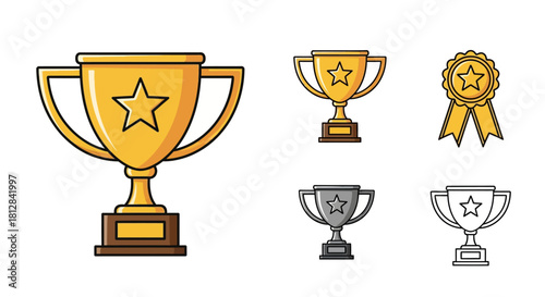 Colorful trophy collection with gold silver bronze variations and st