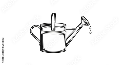 Detailed linear watering can with droplets on white background