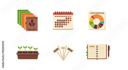 Sustainable farming icons: crop cycle calendar seedlings and planni