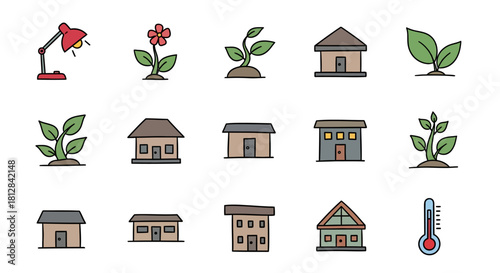 Minimalist eco icons: plants homes and thermometer line art collecti