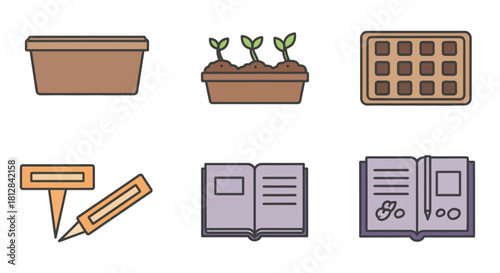 Gardening and education concepts: planter box seedlings grid tools