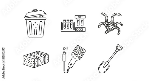 Compost elements: line art icons of recycling testing and gardening