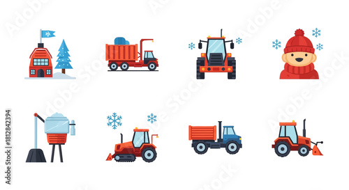Winter maintenance icons: snowplows tractors and cozy seasonal eleme