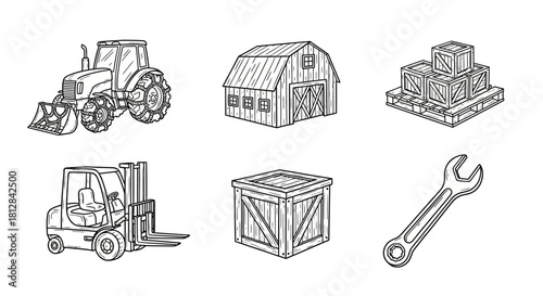 Hand-drawn farm equipment and tools featuring tractors forklift barn