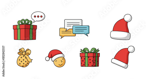 Festive icons with santa hat and gift box illustrations for holiday de