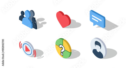 Isometric social media icons with heart and chat bubble in 3d style