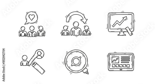 Hand-drawn business icon set featuring teamwork growth and analytics