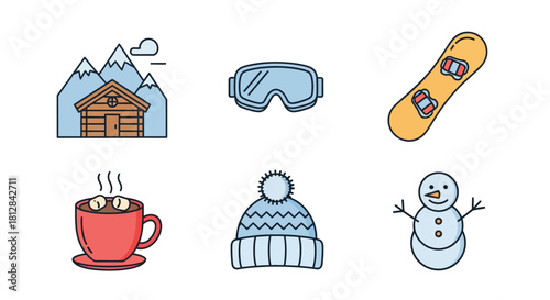 Cozy winter icons with cabin snowboarding gear and snowman in flat s