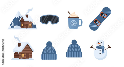 Cozy winter set with cabin snowboard hot cocoa and snowman elements